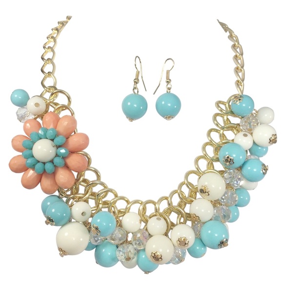 Peach Blue White Flower Bead Necklace Earrings Set - Picture 1 of 3